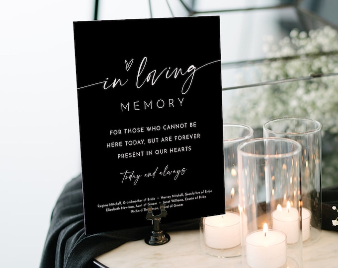 In Loving Memory Sign, Minimalist Wedding Memorial Table, Modern Script, Classic Black, Editable Template, Instant, Templett #0034B-87S