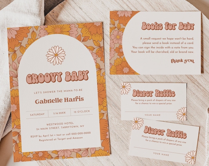 Groovy Baby Shower Bundle, Hippie, Retro, 70's Baby Invitation, Diaper Raffle, Book Request, Editable Template, Templett #050-210BA