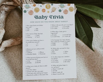 Planets Baby Shower Trivia Game, Baby Trivia Game, Space Baby Shower, Gender Neutral, Editable Template, Instant, Templett, 5x7 #0052A-01BAG