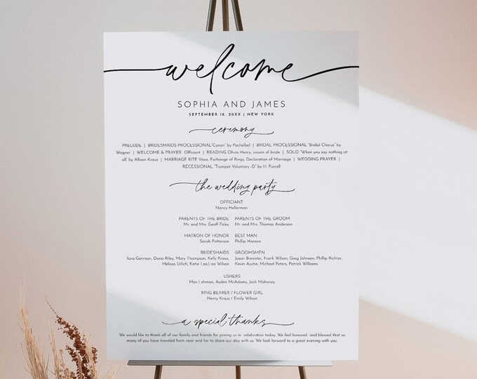 Minimalist Wedding Program Sign, Printable Modern Order of Service Poster, Editable Template, Instant, Templett 18x24, 24x36 #0032-180WP