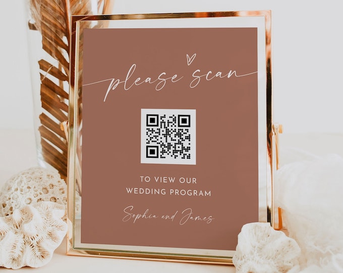 QR Code Wedding Program, Scan QR Code for Order of Service, Bohemian Wedding Sign, Editable Template, Instant, Templett, 8x10 #0034T-67S