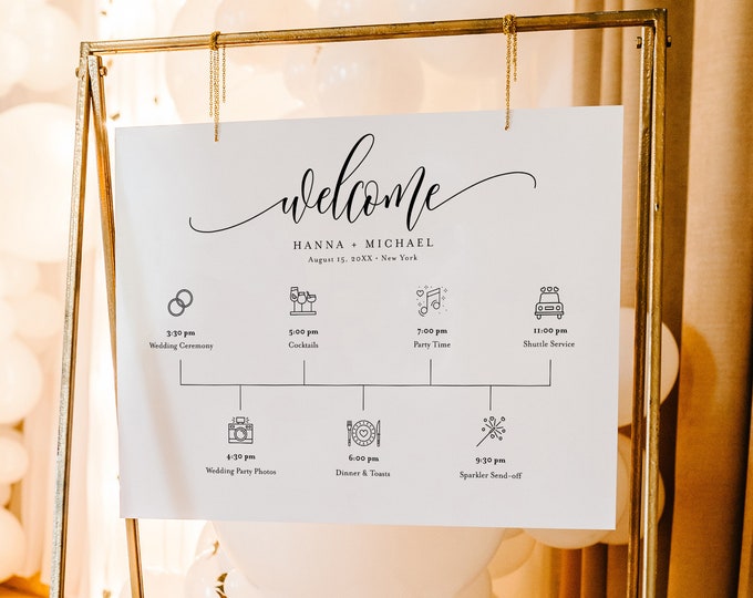 Minimalist Welcome Sign Template, Printable Wedding Day Timeline with Icons, Order of Events, Instant Download, 100% Editable #008-247LS