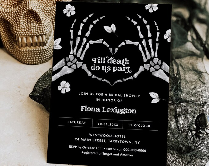 Halloween Bridal Shower Invitation Template, Skeleton, Till Death Do Us Part, Instant Download, 100% Editable Text, Templett #0045-347BS