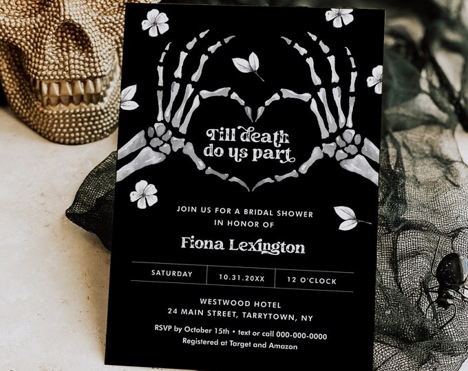 Halloween Bridal Shower Invitation Template, Skeleton, Till Death Do Us Part, Instant Download, 100% Editable Text, Templett #0045-347BS