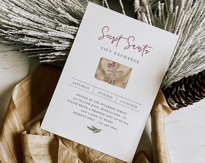 Secret Santa Party Invitation Template, Gift Exchange, Printable Christmas Party Invite, Editable, Instant Download, Templett #112HP