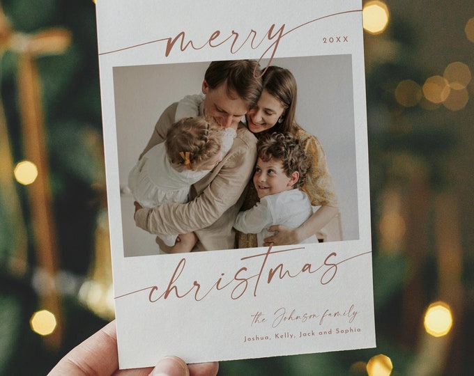 Boho Photo Holiday Card Template, Bohemian Christmas Card, Terracotta, Editable, Add Photo, Instant Download, Templett, 5x7 #0034T-172HP