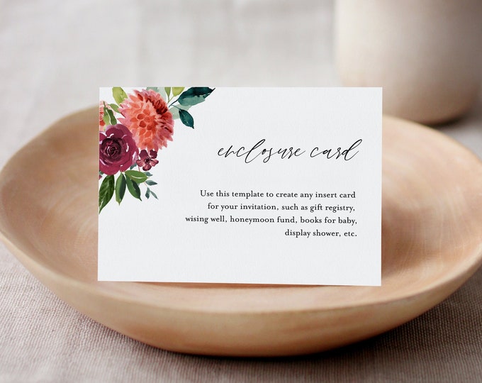 Floral Enclosure Card, Garden Flower Wedding Invitation Insert, Baby / Bridal Shower Insert, Editable Details & Info, Templett #002-184EC