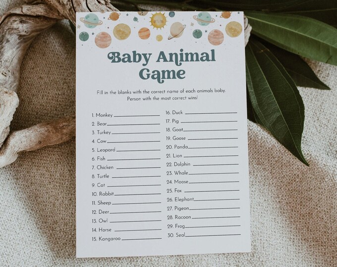 Space Baby Animal Game, Printable Planets Baby Shower Game, Gender Neutral, Editable Template, Instant Download, Templett #0054A-18BAG