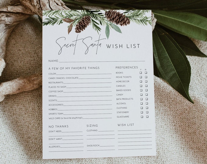Secret Santa Questionnaire, Christmas Gift Exchange Form, Company Holiday Party, Coworker Gift Swap, Editable Template 8.5x11 #0017-107SSQ