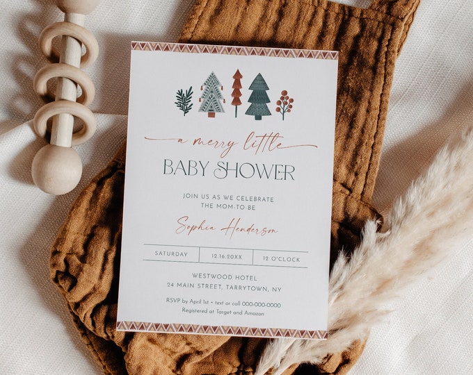 Christmas Baby Shower Invitation Template, Printable Winter Baby Shower Invite, Boho Hygge, Editable, Instant Download, Templett #0033-233BA
