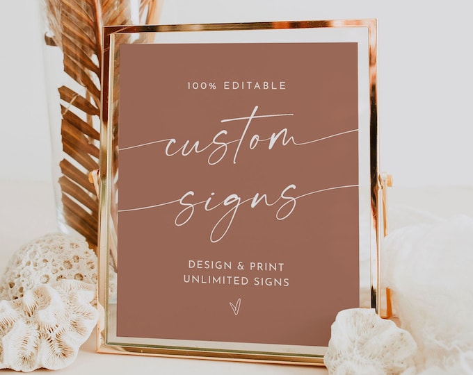 Custom Sign Template, Bohemian Wedding or Bridal Shower Table Sign, Modern Script, Terracotta, Create Any Sign, Templett #0034T-203CS