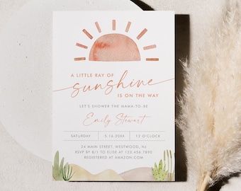 Little Ray of Sunshine Baby Shower Invitation, Boho, Watercolor, Gender Neutral, Editable Template, Instant Download, Templett #0053-247BA