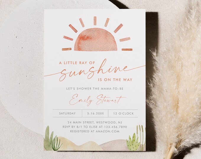 Little Ray of Sunshine Baby Shower Invitation, Boho, Watercolor, Gender Neutral, Editable Template, Instant Download, Templett #0053-247BA