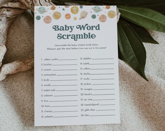 Space Baby Word Scramble Game, Printable Planets Baby Word Puzzle, Baby Shower Game, Gender Neutral, Editable Template, Instant #0052A-14BAG