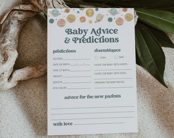 Tarjeta de predicciones y consejos para bebés espaciales, juego imprimible de planetas para baby shower, editable, consejos para bebés DIY, descarga instantánea, Templett #0052A-02BAG