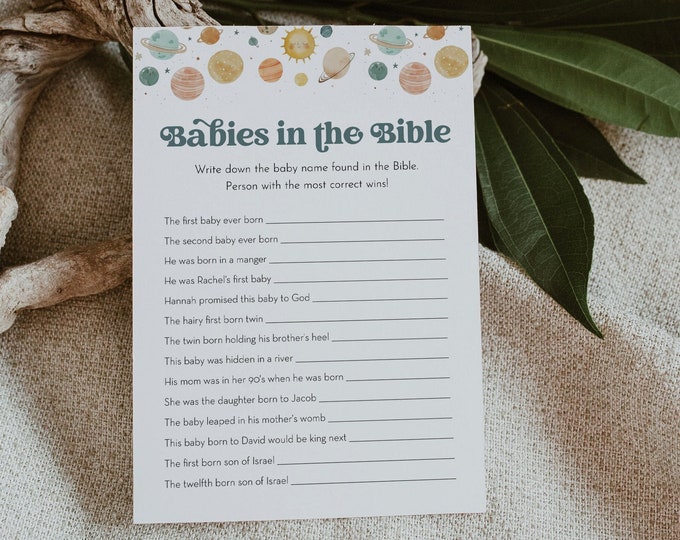 Babies in the Bible Game, Space Planets Baby Shower Game, Religious, Biblical, 100% Editable Template, Instant, Templett, 5x7 #0052A-09BAG