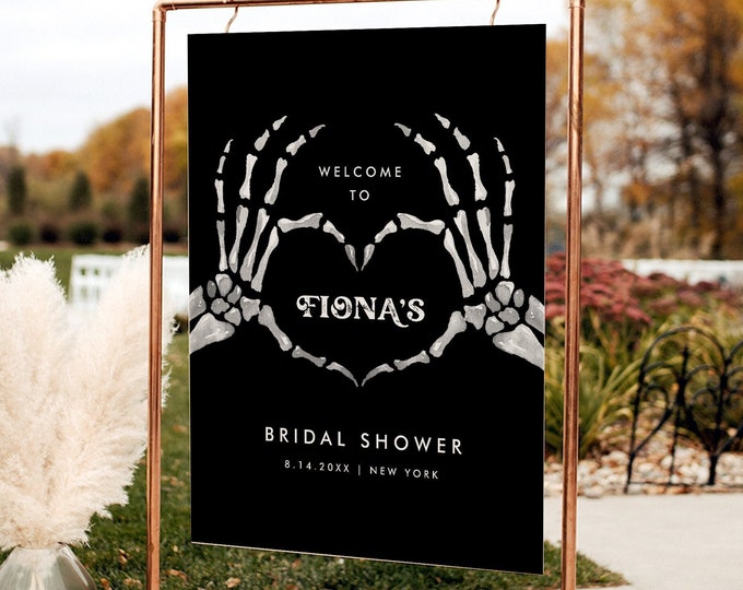 Halloween Bridal Shower Welcome Sign, Skeleton Hand Heart, Editable Template, Instant Download, Templett, 18x24, 24x36 #0045-342LS
