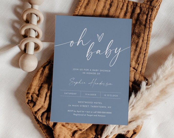 Dusty Blue Baby Shower Invitation, Minimalist Boy Baby Shower Invite, Oh Baby, Editable Template, Instant, Templett, 5x7 #0034PB-234BA