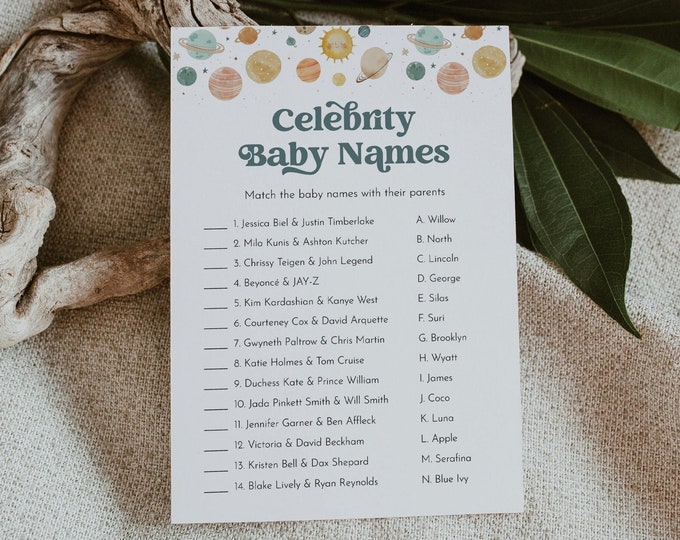 Space Celebrity Baby Name Game, Printable Planets Baby Shower Game, Gender Neutral, Editable Template, Instant, Templett #0052A-17BAG