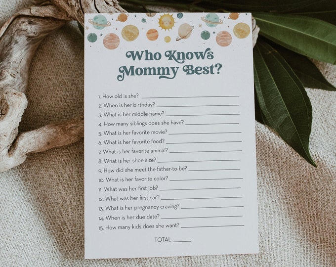 Who Knows Mommy Best Baby Shower Game, Space Planets Baby Shower, How Well Do You Know, Editable Template, Personalize Questions 0052A-07BAG