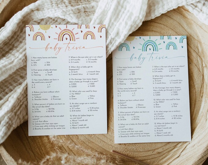 Baby Shower Trivia Game, Baby Trivia Game, Boho Rainbow Baby Shower, Gender Neutral, Editable Template, Instant, Templett, 5x7 #0055-01BAG