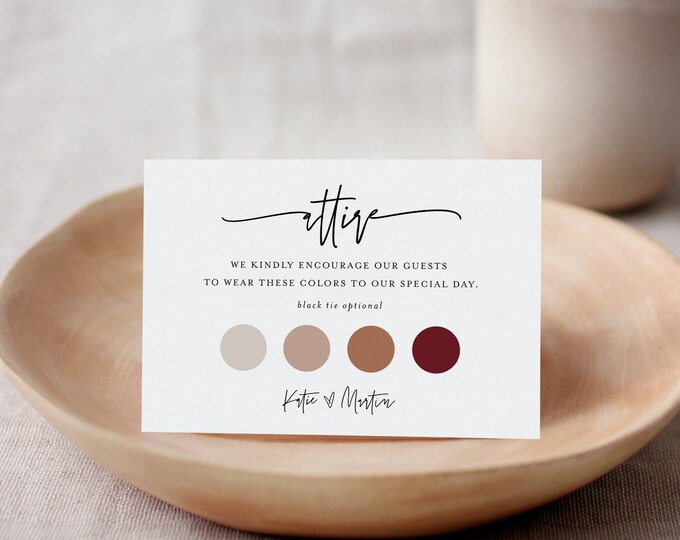 Wedding Attire Card, Info Card, Guest Attire Insert, Dress Code, Wedding Color Palette, 100% Editable, Templett #0009-101ATT