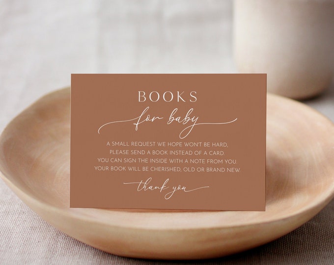 Books for Baby Card, Terracotta Book Request, Gender Neutral Baby Shower Invitation Book Insert, 100% Editable Text, Templett #029-142BFB