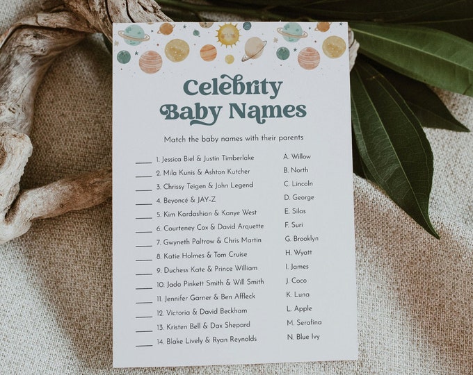 Space Celebrity Baby Name Game, Printable Planets Baby Shower Game, Gender Neutral, Editable Template, Instant, Templett #0052A-17BAG