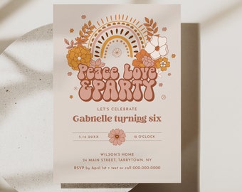 Groovy Birthday Invitation, Hippie, Retro, 70's Vibe, Any Age Birthday Invite, Peace Love, Editable Template, Instant, Templett #050-115BD