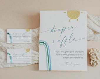 May include: A blue and green watercolor rainbow with a yellow sun on a white card. The card says "diaper raffle" and "If you brought a pack of diapers for the raffle, please place your diapers and ticket here. Thank you."