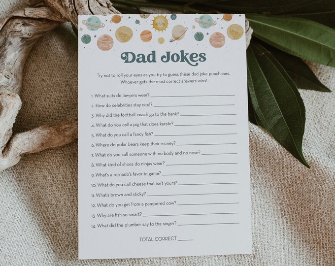 Space Dad Jokes Baby Shower Game, Planets Baby Shower, Funny Riddles, Trivia, Editable Template, Instant Download, Templett #0052A-03BAG