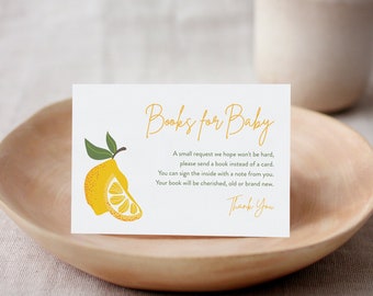 Lemon Books for Baby Card, Summer Book Request, Citrus Baby Shower Invitation Book Insert, Editable Text, Instant, Templett #0046-159BFB