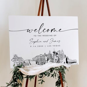 Letrero de bienvenida a Las Vegas, letrero de boda con el horizonte de Las Vegas, descarga instantánea imprimible, plantilla editable, Templett, 18 x 24, 24 x 36 #0047-353LS