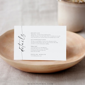 Cartão de detalhes modernos, inserção de convite de casamento minimalista, cartão de anexo, site de casamento, acomodação, editável, 4x6 #0034W-201EC