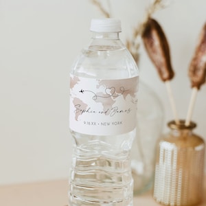 Plantilla de etiqueta para botella de agua con mapa, calcomanía para viajes de bebés o novias, imprimible, texto 100 % editable, descarga instantánea, Templett n.° 0039-137BL