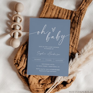 Dusty Blue Baby Shower Invitation, Minimalist Boy Baby Shower Invite, Oh Baby, Editable Template, Instant, Templett, 5x7 #0034PB-234BA