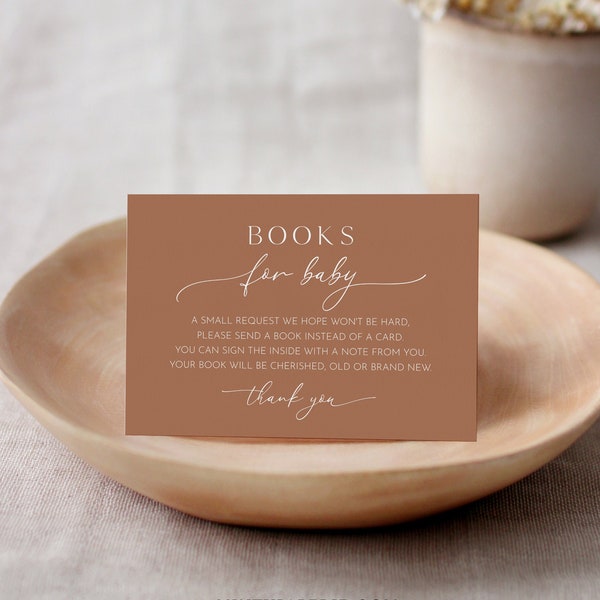 Books for Baby Card, Terracotta Book Request, Gender Neutral Baby Shower Invitation Book Insert, 100% Editable Text, Templett #029-142BFB