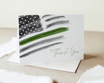 American Flag Thank You Folded and Flat Card Printable, Patriotic, Army, Military, Thin Green Line, Editable Template, Templett #0037-214TYC