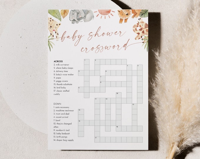 Baby Crossword Puzzle, Safari Jungle Baby Shower Game, Printable Crossword Game with Answer Key, Instant Download, Templett, 5x7 #0054-33BAG