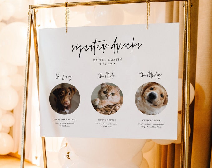 Pet Signature Drink Sign, Dog Signature Cocktail, Minimalist Wedding Drink Poster, 3 Photos, Editable Template, Instant, Templett #0009-64S