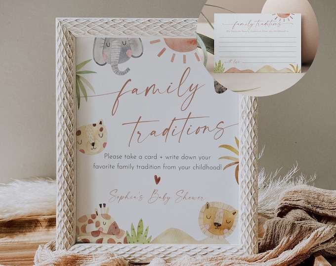 Safari Family Traditions Sign and Card, Jungle Baby Shower, Share a Memory, Childhood Memory, Editable Template, Instant, Templett #0054-46S