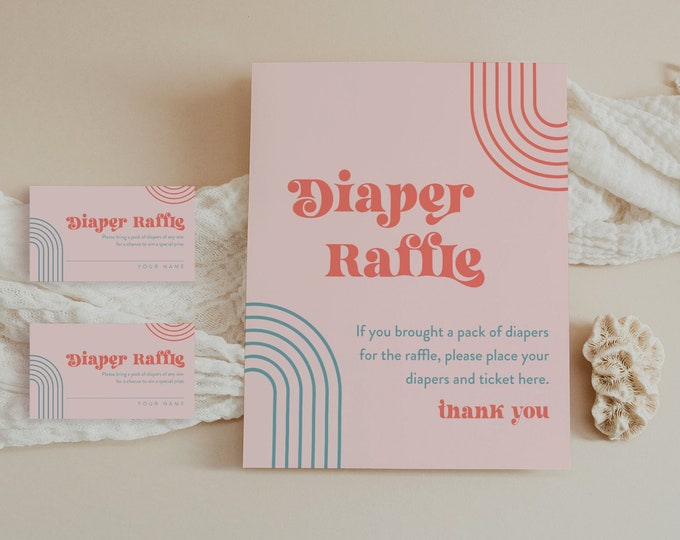 Midcentury Diaper Raffle Game, Printable Vintage Arch Lines Baby Shower Diaper Raffle Insert & Sign, Editable Template, Instant #0051-135DR
