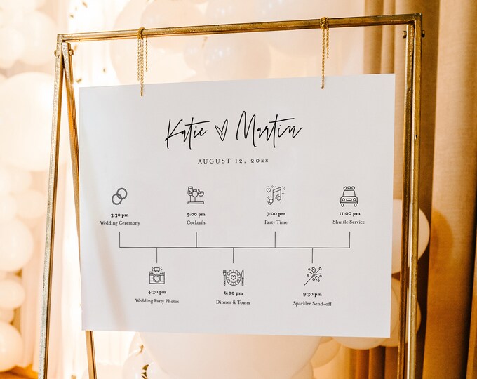 Minimalist Welcome Sign Template, Printable Wedding Day Timeline with Icons, Order of Events, Instant Download, 100% Editable #0009-236LS