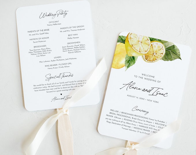 Lemon Wedding Program, Fan or Flat Program, Citrus Summer Order of Service, Editable Template, Instant Download, Templett #0027-430WP