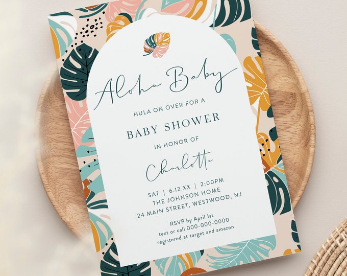 Aloha Baby Shower Invitation Template, Hawaiian Tropical Luau Theme Invite, Hula on Over, Gender Neutral, Editable, Templett #0043-243BA