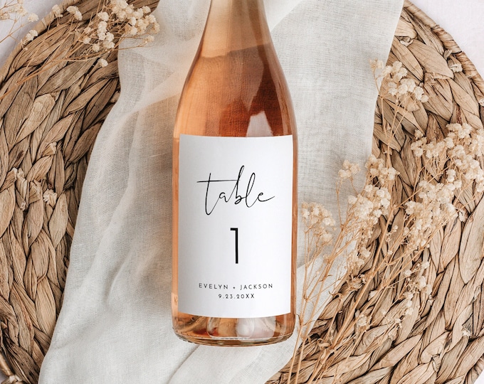 Wine Label Table Number, Printable Wedding Table Number for Wine Bottles, Minimal, Instant, Editable Template, Templett #0031-104WTC