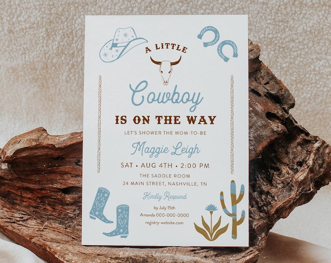 Western Baby Shower Invitation, Rodeo Boy Baby Shower, Southwest Ranch, Cowboy, Editable Template, Instant Download, Templett #0040-243BA