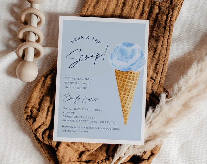 Ice Cream Baby Shower Invitation Template, Here's The Scoop, Sweet, Boy Baby Shower Invite, Instant Download, Editable Text #0035B-339BS