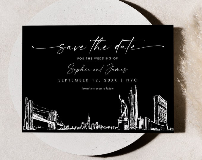 New York City Skyline Save the Date, Destination Wedding NYC Line Art, Wedding Date, Editable Template, Templett, 5x7 #0047-212SD