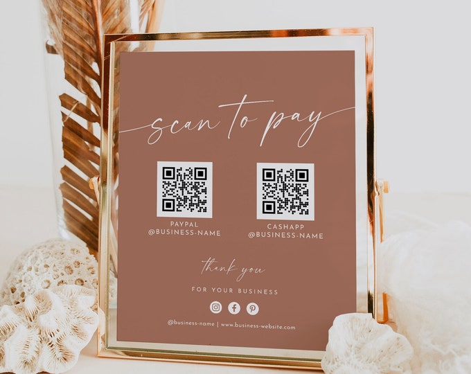 Scan to Pay Sign, Cash App,  Venmo, Paypal Sign, Business QR Code Pay Sign, Editable Template, Instant Download, Templett, 8x10 #0034T-26S